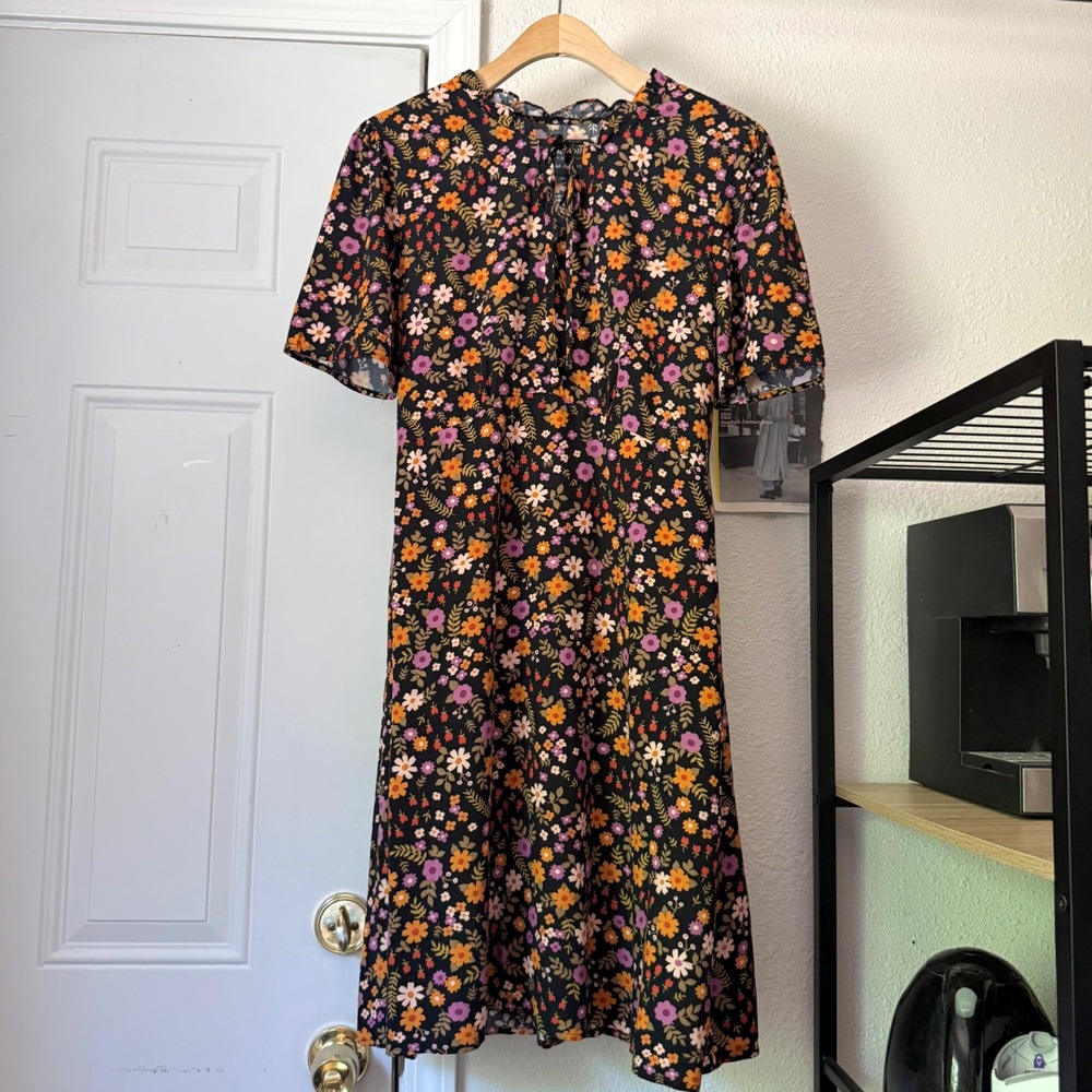 MODCLOTH x PRINCESS HIGHWAY black multicolor floral ruffle short sleeve midi